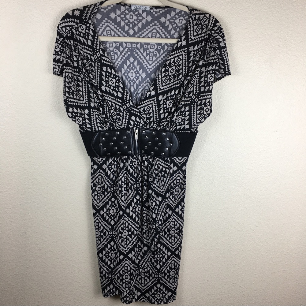 Janette John 3:16 Women's Mini Black Taupe V Neck Dress Made in USA Size Small